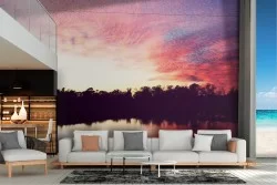 Carta da Parati paesaggio foresta lago al tramonto