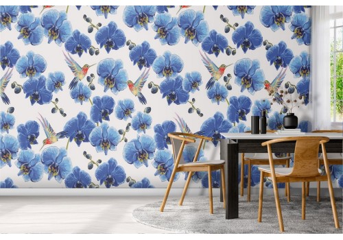 Blue flowers and little birds nature pattern wallpaper.