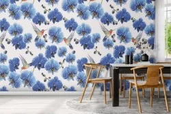 Blue flowers and little birds nature pattern wallpaper.