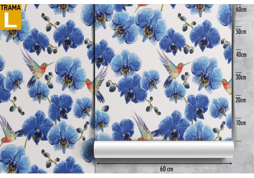 Carta da Parati fiori blu e uccellini pattern natura. 2