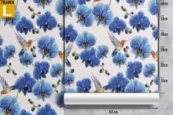 Blue flowers and little birds nature pattern wallpaper.
