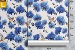 Blue flowers and little birds nature pattern wallpaper.