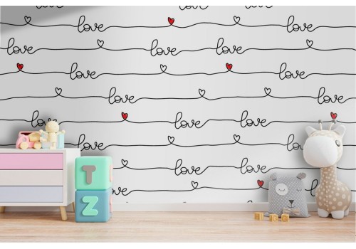 Wallpaper written LOVE in cursive with heart pattern.