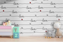 Carta da Parati scritte LOVE corsivo con cuore pattern.