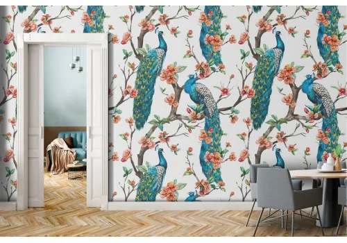 Peacocks and flowers nature pattern wallpaper.
