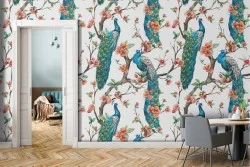 Peacocks and flowers nature pattern wallpaper.