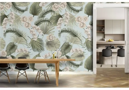 Tropical leaves and abstract flowers wallpaper nature pattern.