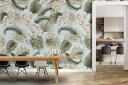Tropical leaves and abstract flowers wallpaper nature pattern.