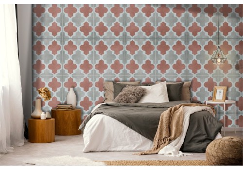 Wallpaper with geometric decoration of squares and crosses.