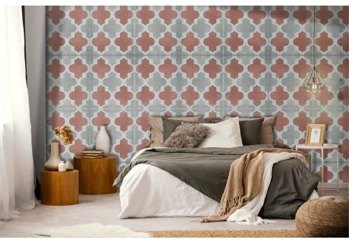 Wallpaper with geometric decoration of squares and crosses.