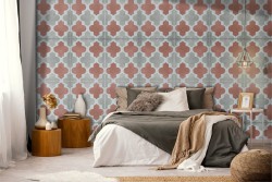 Wallpaper with geometric decoration of squares and crosses.