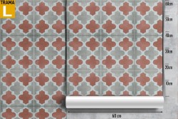 Wallpaper with geometric decoration of squares and crosses.