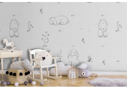 Wallpaper with white bunny pattern for children.
