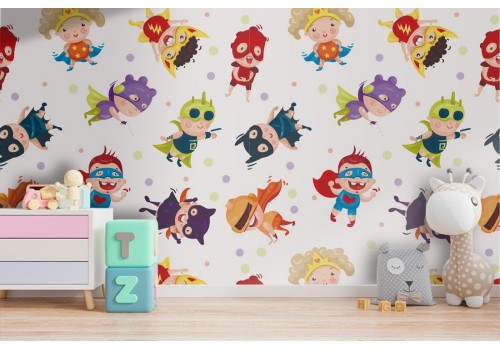 Superheroes characters pattern children's wallpaper.