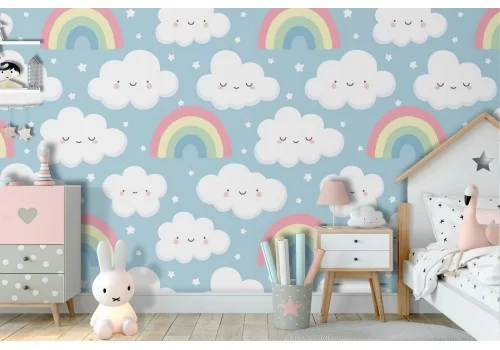 Carta da Parati arcobaleni e nuvole pattern bambini.
