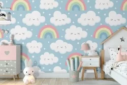 Rainbows and clouds pattern children's wallpaper.