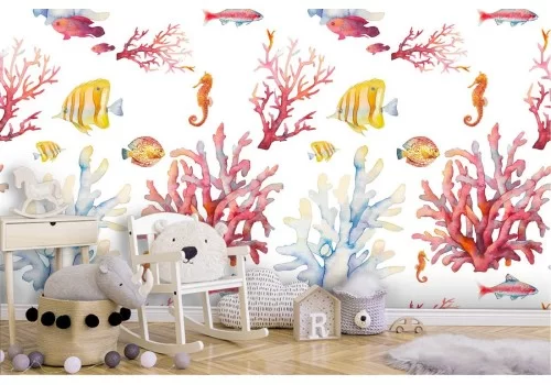 Carta da Parati coralli e pesci pattern bambini.