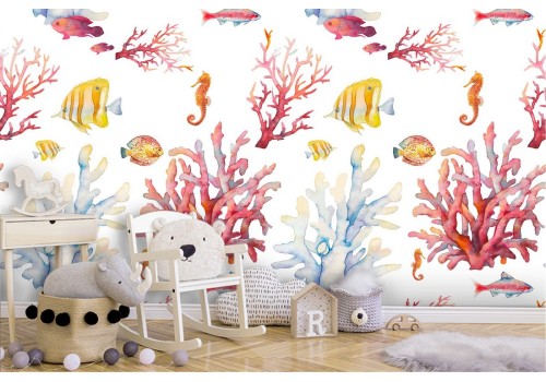 Wallpaper with coral and fish pattern for children.