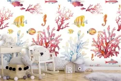 Carta da Parati coralli e pesci pattern bambini.