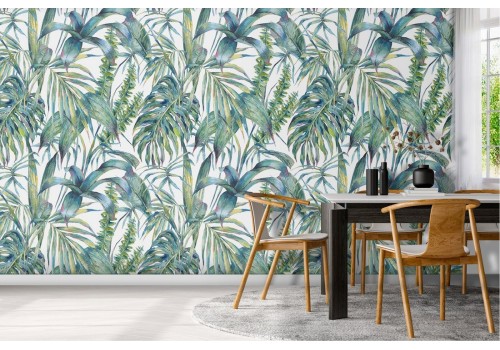 Wallpaper with tropical leaves and trees nature pattern.