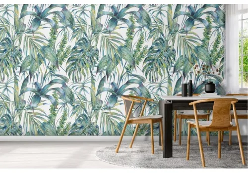 Wallpaper with tropical leaves and trees nature pattern.