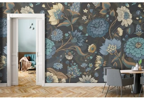 Carta da Parati foglie e fiori vintage blu pattern.