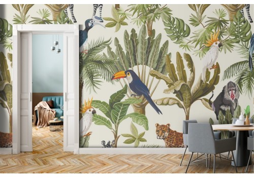 Tropical forest trees and animals wallpaper.