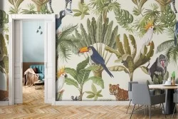 Carta da Parati alberi e animali foresta tropicale.