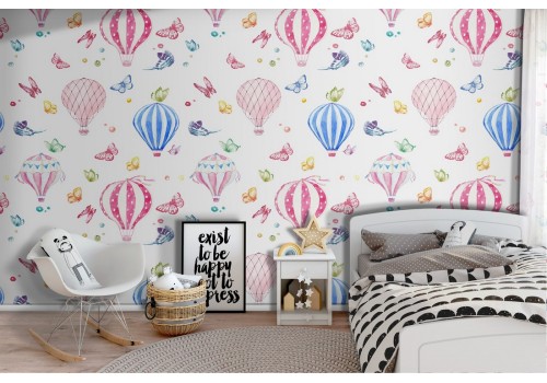 Carta da Parati mongolfiere blu e rosa pattern bambini.