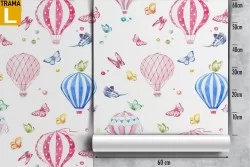 Blue and pink hot air balloons wallpaper pattern for children.