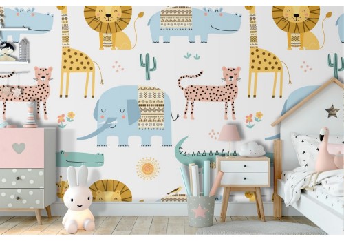 Stylized jungle animals wallpaper pattern for children.