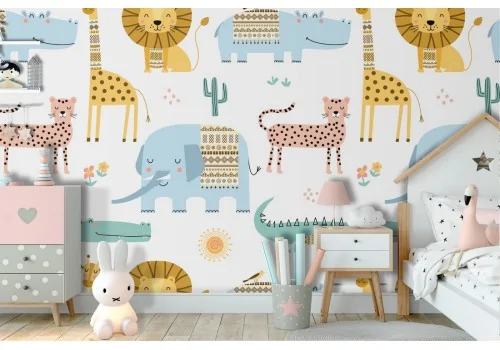 Stylized jungle animals wallpaper pattern for children.