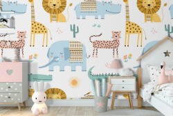 Carta da Parati animali giungla stilizzati pattern bambini.