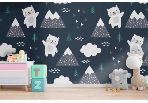 Wallpaper with stylized teddy bears and mountains for children.