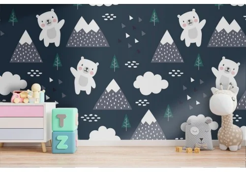 Wallpaper with stylized bears and mountains for children.