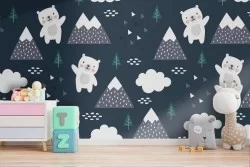 Wallpaper with stylized teddy bears and mountains for children.