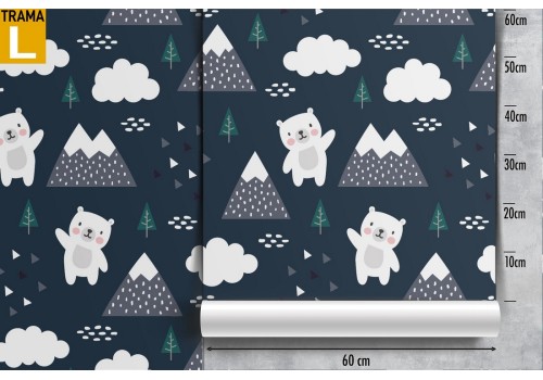 Wallpaper with stylized teddy bears and mountains for children. 2