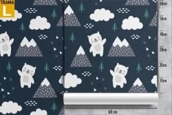 Wallpaper with stylized teddy bears and mountains for children.