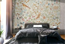 Carta da Parati foglie fiori e uccellini pattern vintage.