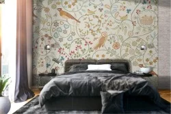 Wallpaper with leaves, flowers and little birds vintage pattern.