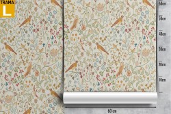Carta da Parati foglie fiori e uccellini pattern vintage.