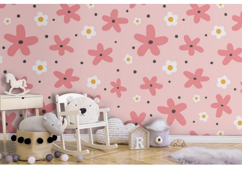 Pink flowers stylized wallpaper children's decoration.