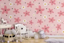Carta da Parati fiori rosa stilizzati decorazione bambini.