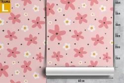 Carta da Parati fiori rosa stilizzati decorazione bambini.