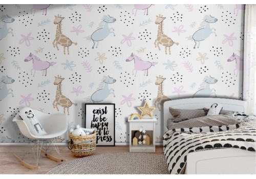 Animal wallpaper giraffes and horses pattern for children.