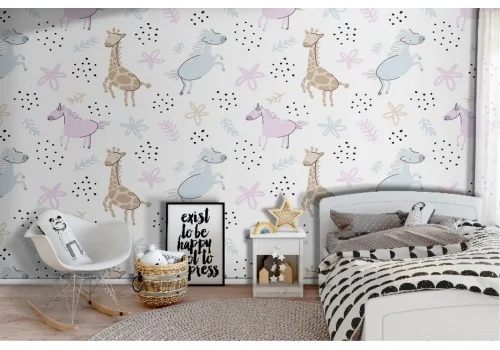 Wallpaper with giraffes and horses pattern for children.