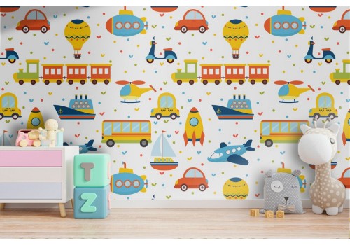 Carta da Parati treni razzi aerei decorazione bambini.