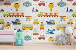 Carta da Parati treni razzi aerei decorazione bambini.