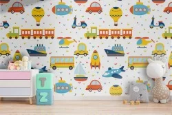 Carta da Parati treni razzi aerei decorazione bambini.
