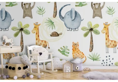 Wallpaper stylized animals forest children.